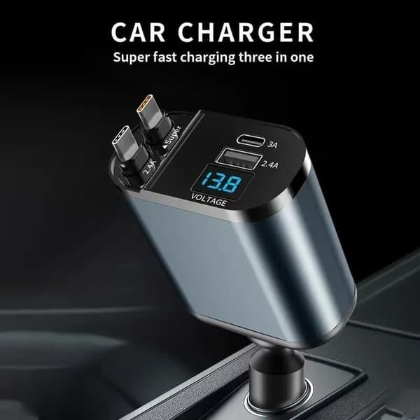OBOSOE 2 Pack Retractable Bil-Laddare – Dubbla USB-C Kablar, PD Snabbladdning, Spänningsmätare, Vattentålig Cigarettändaradapter