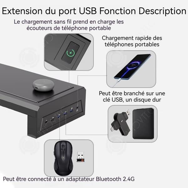 INN Stöd för monitor 550x220x90mm multifunktionellt USB 3.0 med 6 USB induktionsladdning skärmhöjare för PC laptop