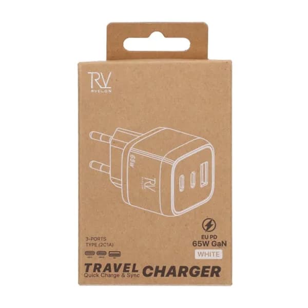 Rvelon Väggladdare 2x USB-C + USB-A 65W GaN - Vit