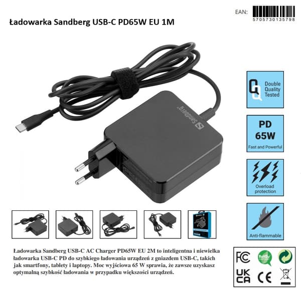 Sandberg USB-C AC-oplader PD65W EU 1M, 135-79