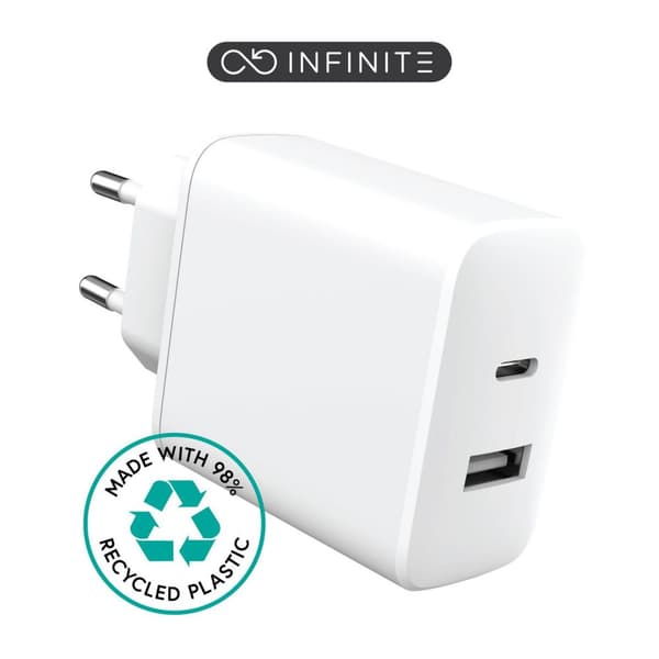 eSTUFF INFINITE EU USB-laturi, 1x USB-C PD 20W, 1x USB-A 12W, valkoinen, 98 % kierrätettyä muovia, ES637031-BULK Valkoinen