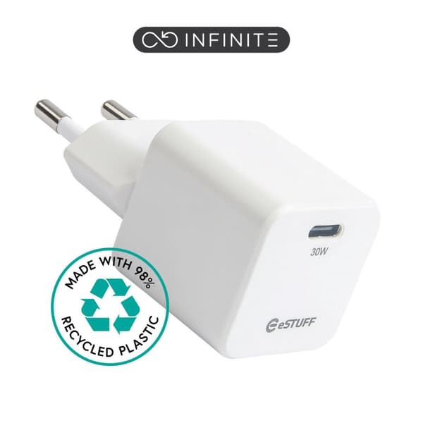 eSTUFF INFINITE USB-C PD 30W GaN-oplader, hvid, 98% genanvendt, EU, ES637027
