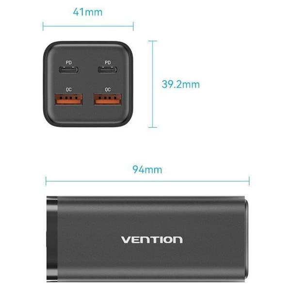Vention Laddare 4 portar USB (C C A A) GaN (100W/100W/18W/18W) EU-kontakt Svart