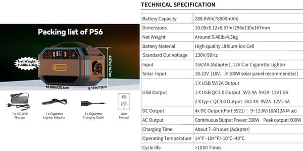 Bärbar solgenerator, 288,6Wh kapacitet, 330W effektutgång,288,6Wh - P56 230V