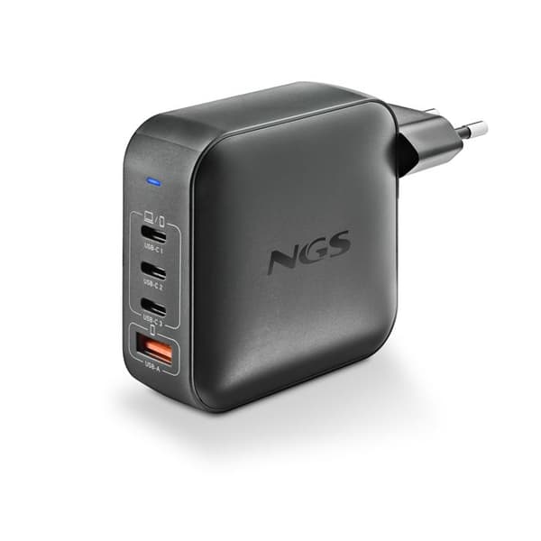 NGS BUD 165W : Universell väggladdare 165W med 4 portar: 3 USB-C + 1 USB-A. Snabb och säker laddning. Samtidig laddning.