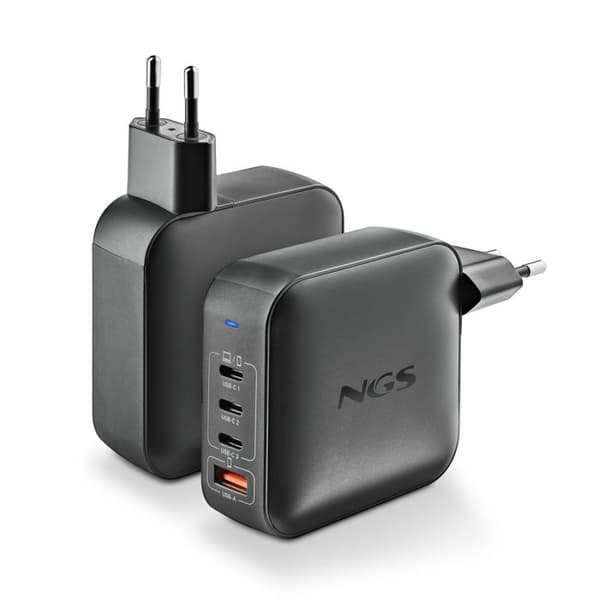 NGS BUD 165W : Universell väggladdare 165W med 4 portar: 3 USB-C + 1 USB-A. Snabb och säker laddning. Samtidig laddning.