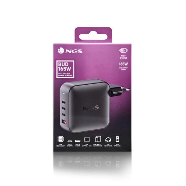NGS BUD 165W : Universell väggladdare 165W med 4 portar: 3 USB-C + 1 USB-A. Snabb och säker laddning. Samtidig laddning.