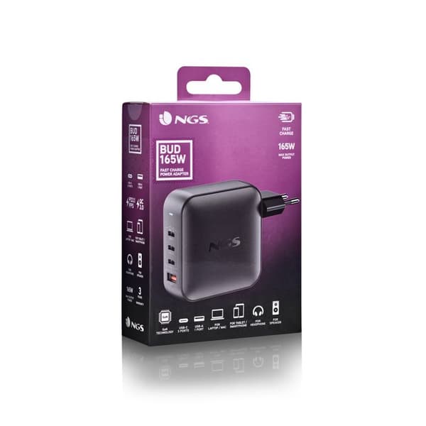 NGS BUD 165W : Universell väggladdare 165W med 4 portar: 3 USB-C + 1 USB-A. Snabb och säker laddning. Samtidig laddning.