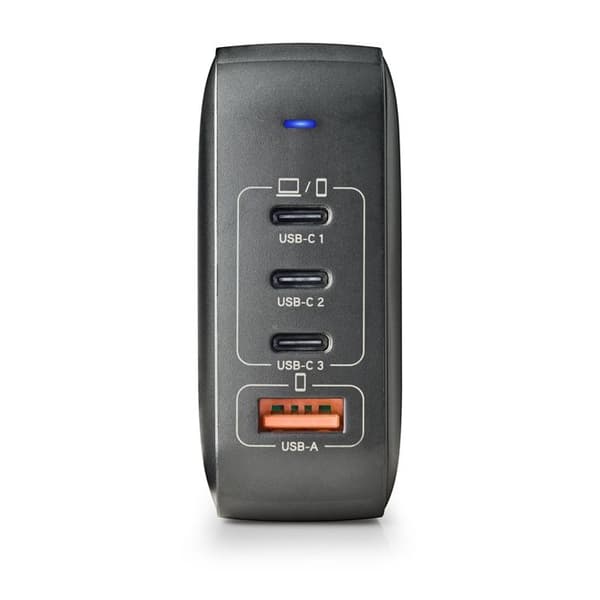 NGS BUD 165W : Universell väggladdare 165W med 4 portar: 3 USB-C + 1 USB-A. Snabb och säker laddning. Samtidig laddning.