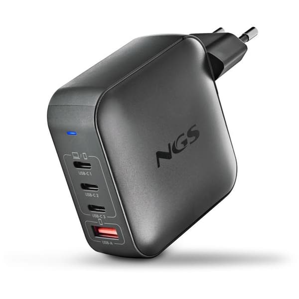 NGS BUD 165W : Universell väggladdare 165W med 4 portar: 3 USB-C + 1 USB-A. Snabb och säker laddning. Samtidig laddning.