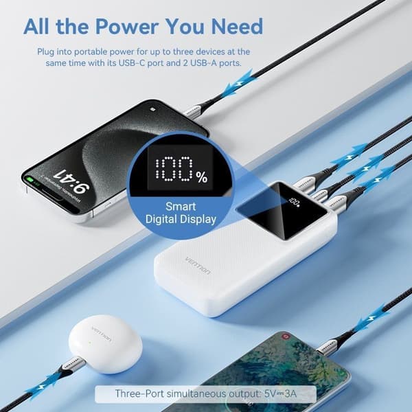 Vention Power Bank 20000mAh 22,5W med Display LED Svart
