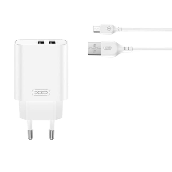 XO Väggladdare med 2xUSB 2,4A + USB till MicroUSB-kabel - Vit