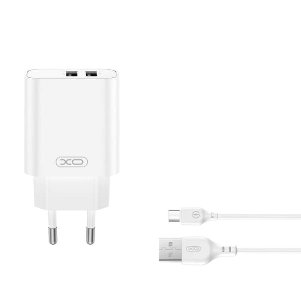 XO Seinälaturi 2xUSB 2.4A + USB-C-kaapeli - Valkoinen