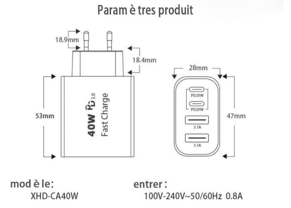 40W - USB C-laddare - 4-port USB-multiladdare - USB-C väggadapter - Kompatibel med iPhone mm