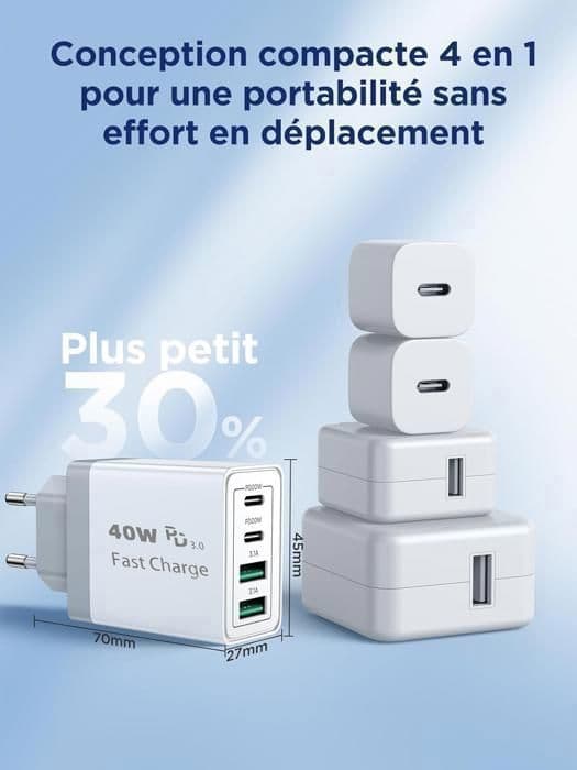 40W - USB C-laddare - 4-port USB-multiladdare - USB-C väggadapter - Kompatibel med iPhone mm