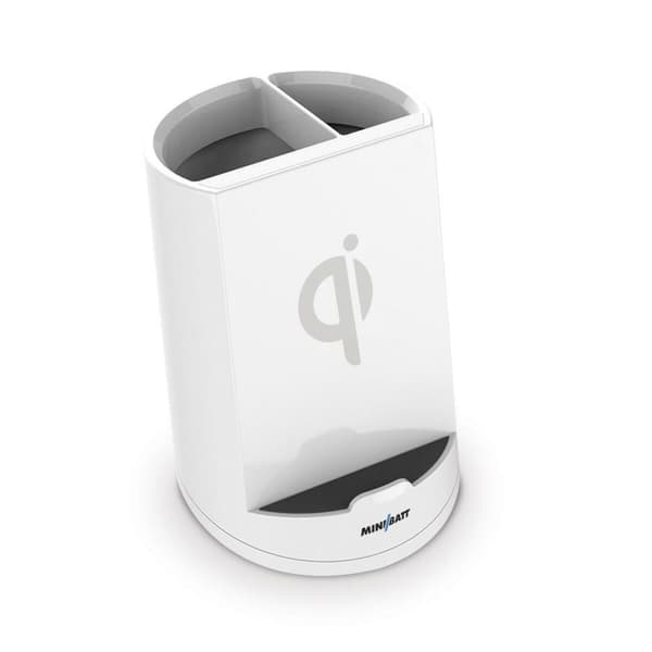 Trådløs oplader med mobilholder MiniBatt PowerCUP Kuglepen Hvid