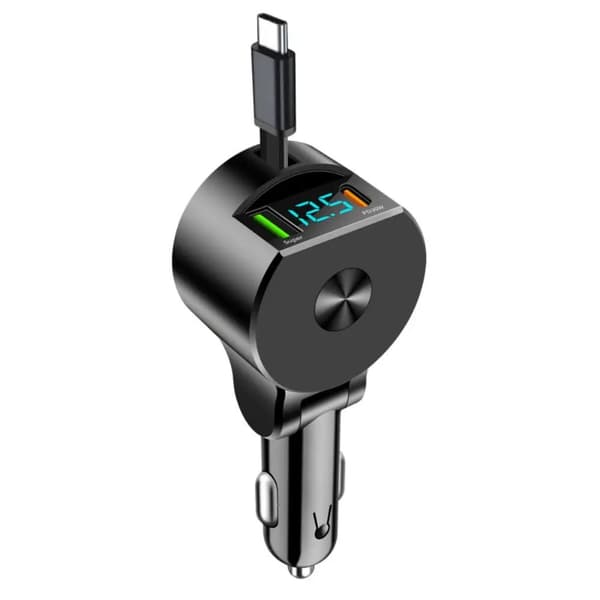 3-i-1 Upprullningsbar Billaddare 75W USB-C & USB-A Snabbladdning med LED Voltmeter, 12-24V