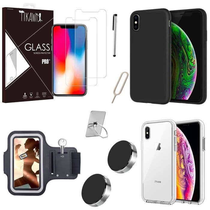 Tikawi Pack 10 Iphone X/XS Tillbehör: x2 fodral, x2 härdade glasögon, x2 bilfästen, Ring, Armband, Stilet, Sim Ejector.
