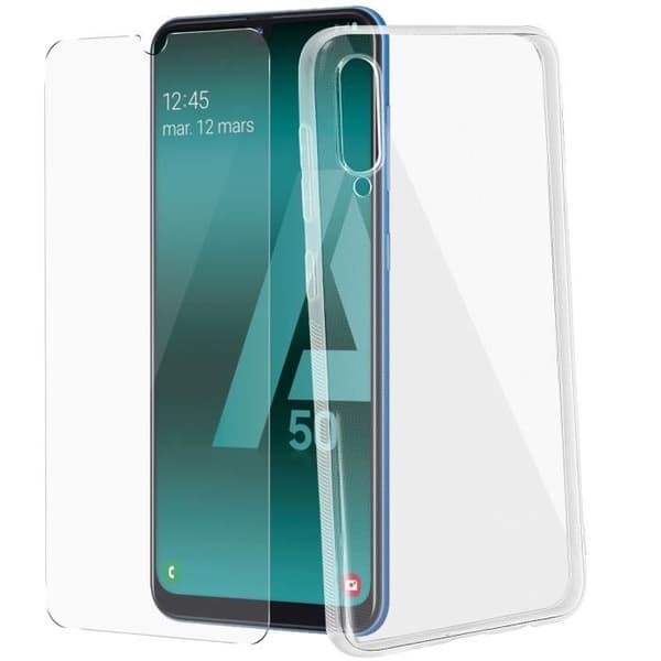 Skal och skydd film - AVIZAR - Galaxy A50 - Mjuk silikon - Härdat glas 9H - Transparent vit