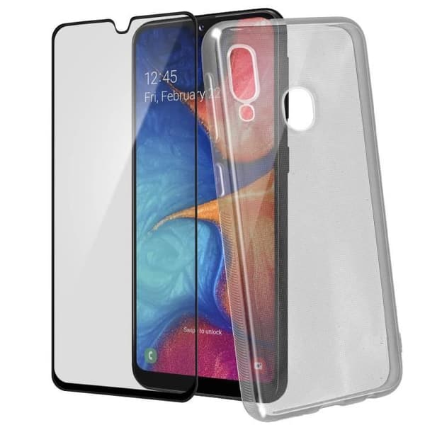 Fodral och skyddsfilm - AVIZAR - Galaxy A20e - Transparent silikon - Härdat glas - Svart kontur