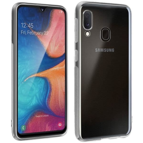 Fodral och skyddsfilm - AVIZAR - Galaxy A20e - Transparent silikon - Härdat glas - Svart kontur