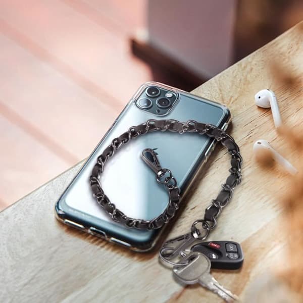 Telefon Jewel Braided Metallic Chain Silver Fuskläder Svart 40cm