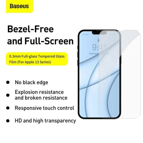 FOLIE STICLA  Baseus pentru Iphone 13 Mini, grosime 0.3mm, acoperire totala ecran, strat special anti-ulei si anti-amprenta, Tempered Glass, pachetul