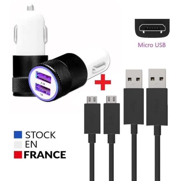 Autoladdarpaket + 2 Micro USB-kablar för Doogee S35 Ultrakraftig och snabb laddare 2X (5V - 2.1A) + 2 1M kablar - SVART