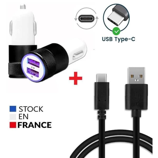 Autoladdarpaket + 1 USB Type C-kabel för Oppo Reno6 Pro 5G Ultrakraftig och snabbladdare 2X (5V - 2.1A) + 1 1M kabel - SVART