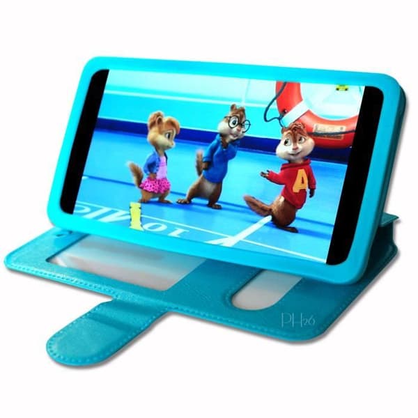 Wiko Sunny 3 Mini Extra Slim Turkos Folio Case X 2 Windows i ekologiskt kvalitetsläder