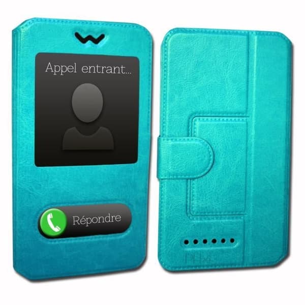 Super Pack-fodral för Lenovo A5s Extra Slim 2 Eco-läderfönster + 3 skyddsglasögon med hög genomskinlighet TURQUOISE BLUE