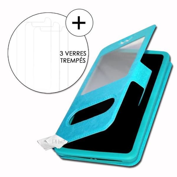 Super Pack-fodral för Lenovo A5s Extra Slim 2 Eco-läderfönster + 3 skyddsglasögon med hög genomskinlighet TURQUOISE BLUE