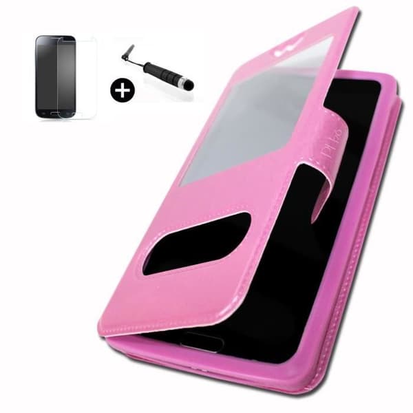 HTC 8X super PACK Rosa PU fönsterfodral + mini stylus + härdat glas 9H hårdhet, Ultratunn 0,20 mm