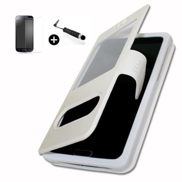 HTC One S super PACK Vit PU fönsterfodral + mini stylus + härdat glas 9H hårdhet, Ultratunn 0,20 mm