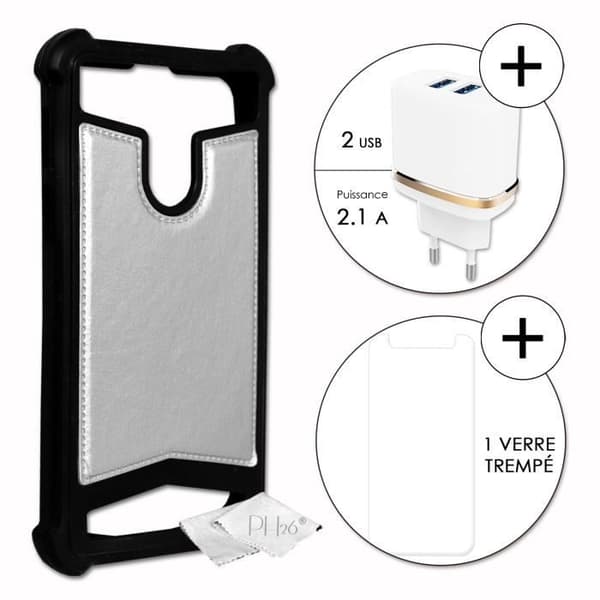 Super Pack för Duoduogo J5+ Bakstycke i läderstil + 1 ultrabeständig och transparent skyddsfilm av härdat glas - SILVER