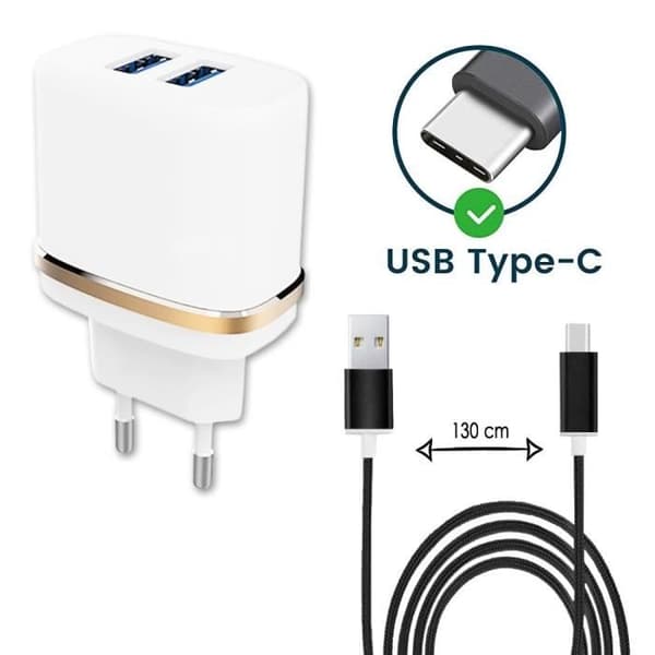 Typ C kabelpaket för TCL 10 Pro Ultrakraftig och snabbladdare 2X USB 5V - 2.1A - SVART