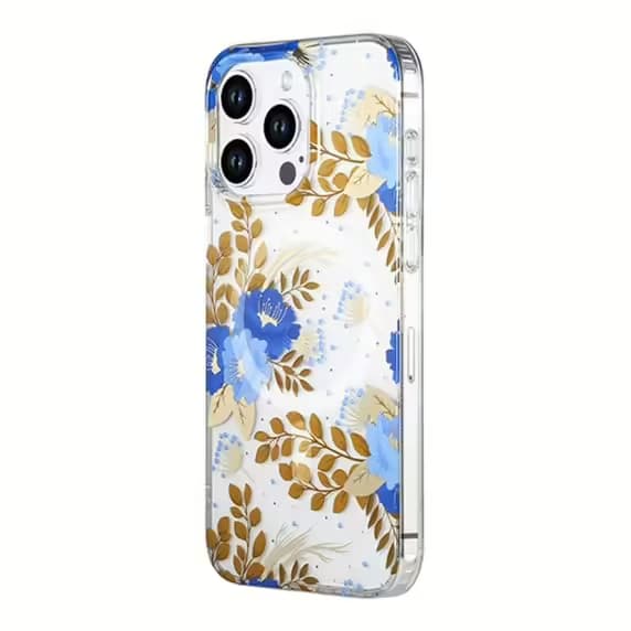 iPhone 15 Pro Max Mobilskal MagSafe - Blommor Blå/Guld