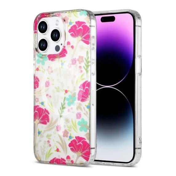 iPhone 14 Pro Mobilskal MagSafe - Blommor Blå/Guld