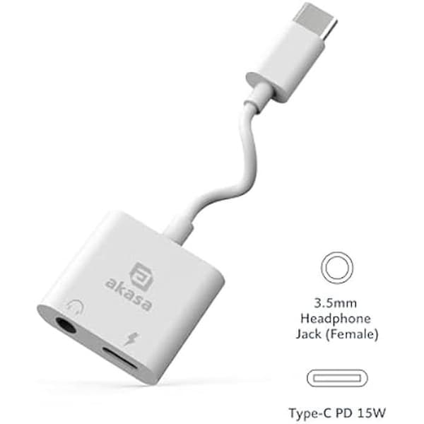USB C-adapter - AKASA - 2 i 1 - 3,5mm ljuduttag - PD-laddning 15W - Kompatibel med iPad Pro Air