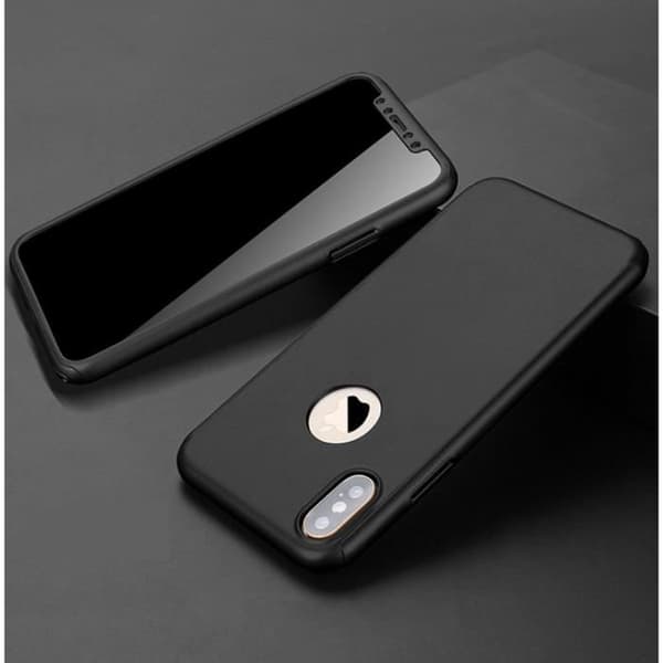 [Kompatibel Apple iPhone XR] 360 Skyddsfodral Svart Hårt Plast + Härdat Glas Skärmskyddsfilm [Phonillico®]