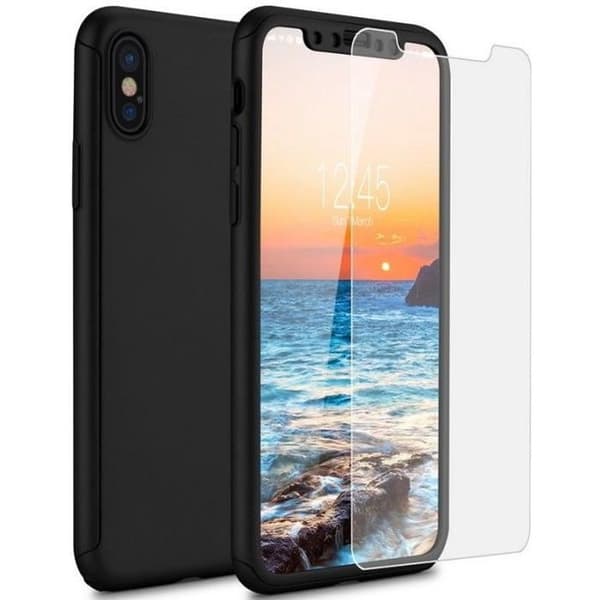 [Kompatibel Apple iPhone XR] 360 Skyddsfodral Svart Hårt Plast + Härdat Glas Skärmskyddsfilm [Phonillico®]
