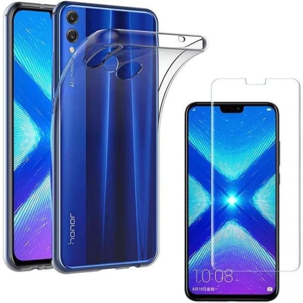 Skyddsskåp - Phonillico® - Huawei Honor 8X - Transparent Silikon - Härdat Glas - Ultra Slim
