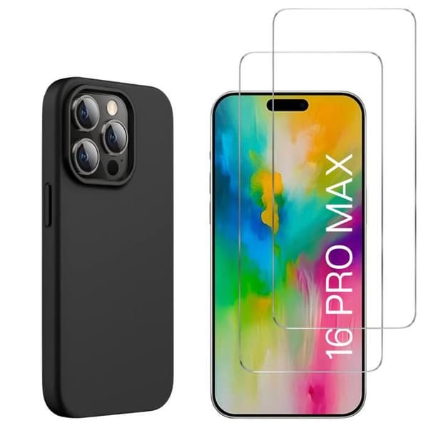Svart fodral till iPhone 16 PRO MAX och 2 skärmskydd i härdat glas Phonillico®