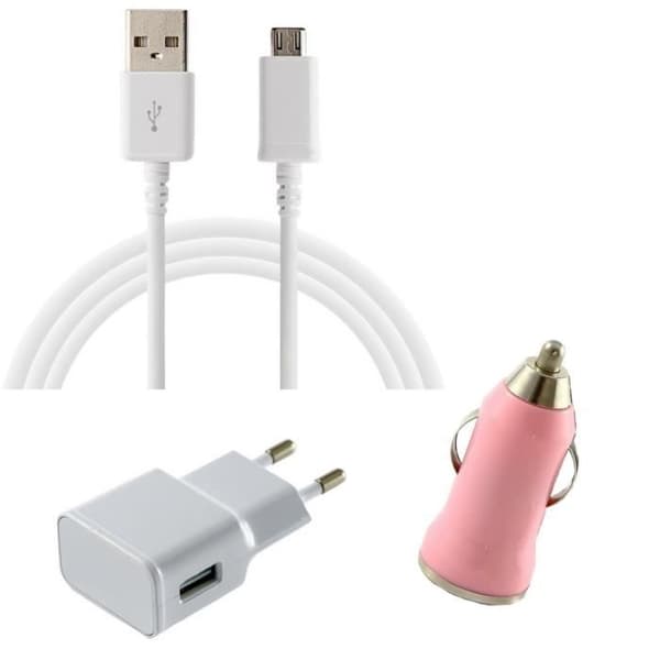 [Kompatibel med Samsung Galaxy A3-A5-2015-2016-A6-A6+-A7] Laddare Pack 3-i-1 - Kabel-Laddare Vägguttag-Biladapter Rosa [Phonillico®]