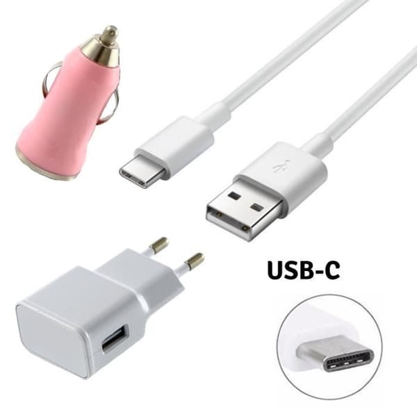 [Kompatibel Huawei NOVA-2-2+-3] Pack Laddare 3 i 1 - Kabel + Väggladdare + Ciguttändare Rosa [Phonillico®]