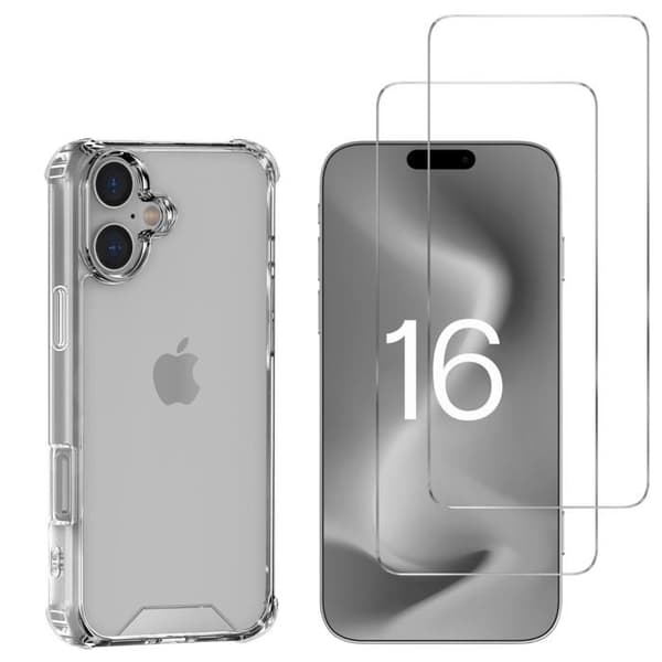 Stötsäker skal för iPhone 16 och 2 härdade glas film skärmskydd Phonillico®