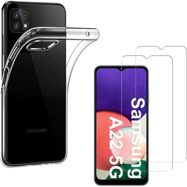 Skal till Samsung A22 5G och 2 Härdat Glas - Mjukt Silikonskyddsfilm Glas Skärmskydd Phonillico®