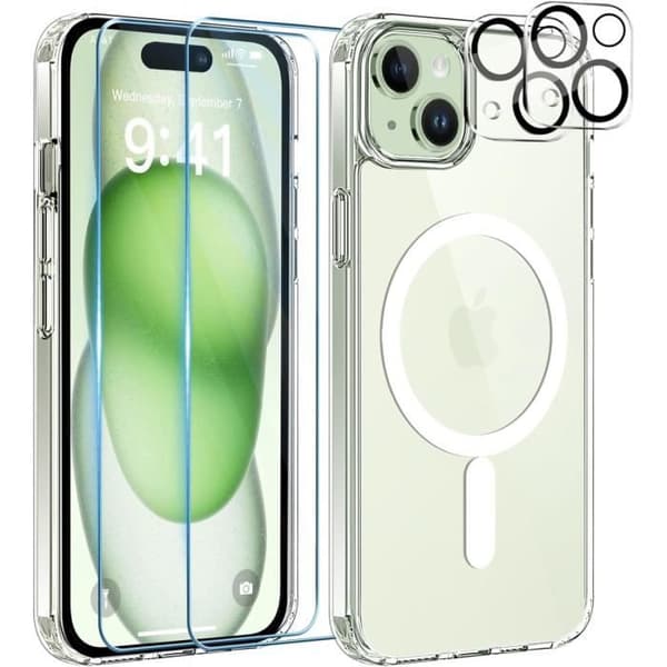 Integrerat magnetiskt cirkelskal för iPhone 15 och 2 skärmskydd i härdat glas och 2 Phonillico® kameraskydd