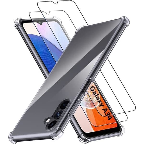 Stöttåligt skal för Samsung Galaxy A34 5G och 2 härdade glas skärmskydd Phonillico®