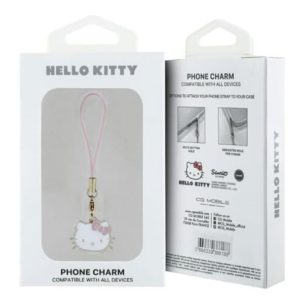 Telefonprydnad - Hello Kitty telefonrem med charm - Kitty huvud - Prydnad för telefon (rosa)